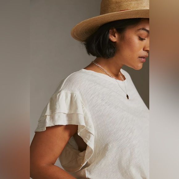 Anthropologie Pilcro Heritage Femme Tee XL ivory cream ruffle sleeve t-shirt top - Picture 2 of 15